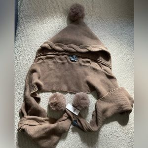 NWT $60 Anthropologie Scarf Hat Wrap Winter Pom Pom Hooded Brown
